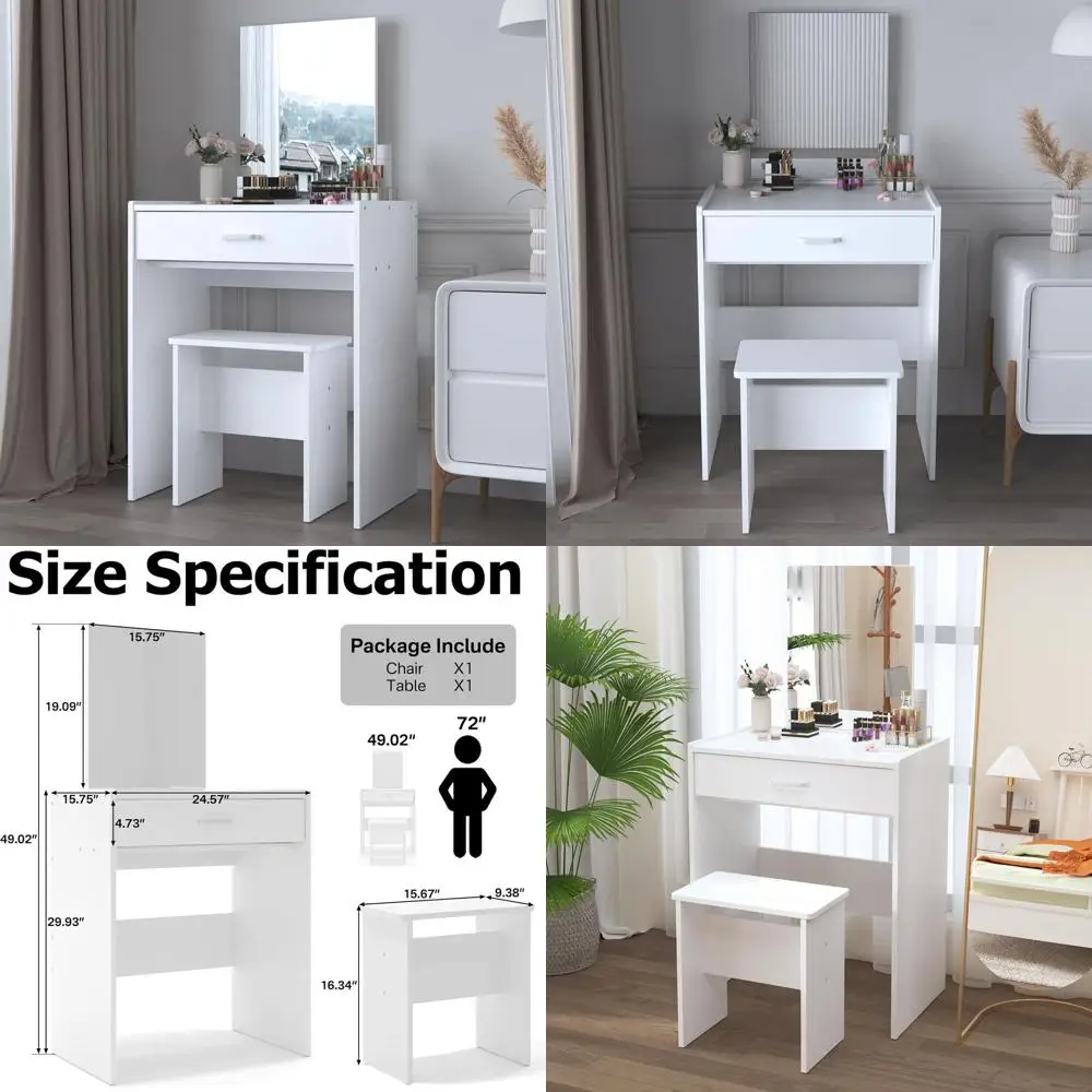 

Compact Makeup Vanity with Storage Drawer and Chair, White Modern Vanity Desk Set for Bedroom, Ideal for Small Spaces