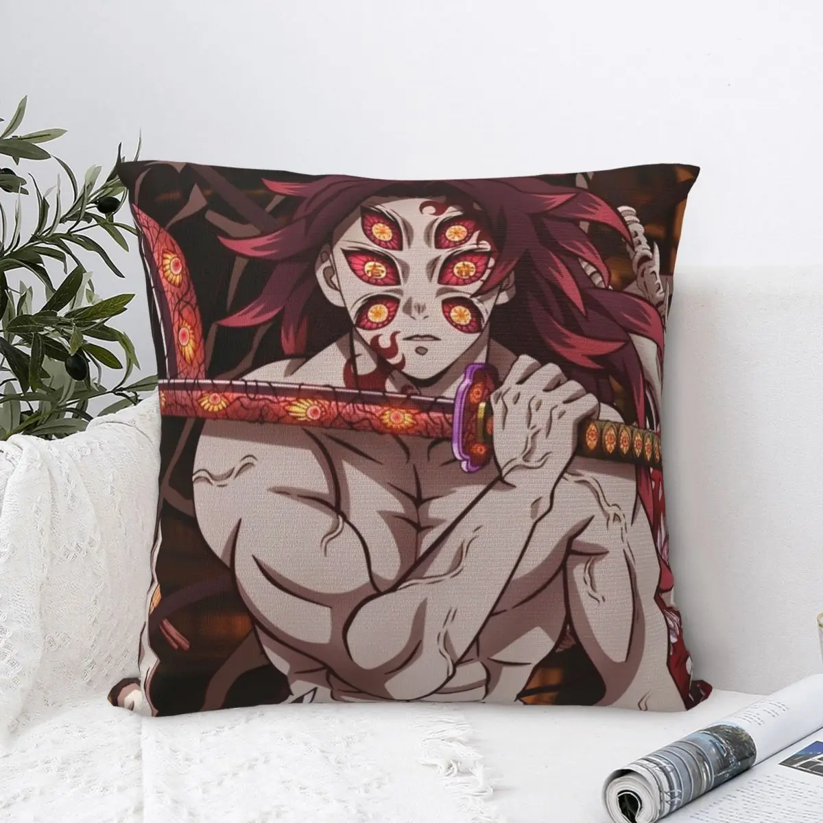 Kokushibo Upper Rank One Throw Pillow Cover Polyester Cushions for Sofa Anime Demon Slayer Funny Pillowcase