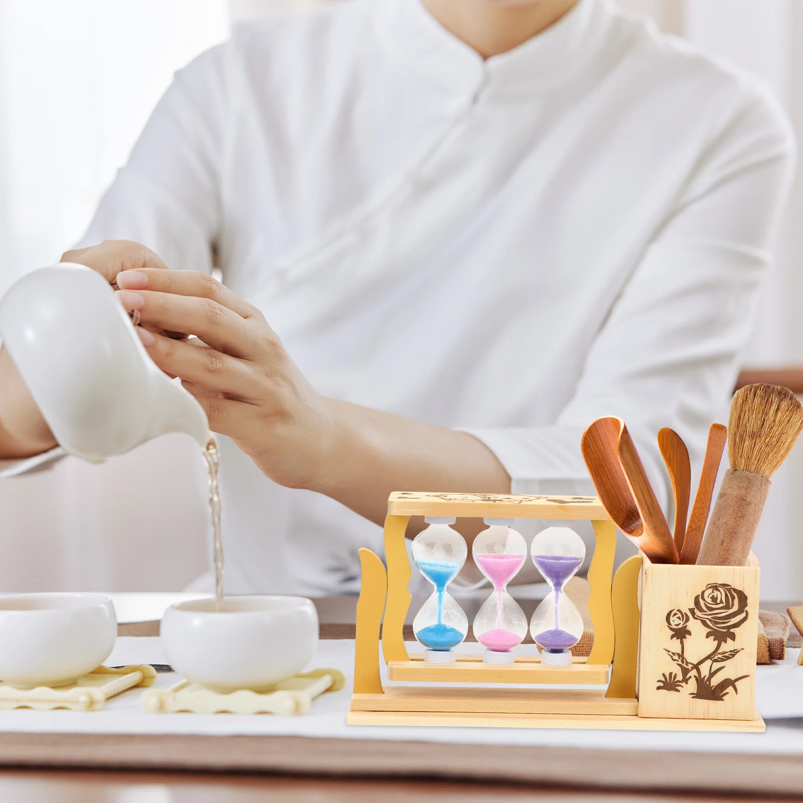 

Wood Pen Holder Creative Desktop Pencil Holder Hourglass Decoration Organizer Tabletop Gift for Kids Hourglass Decoration