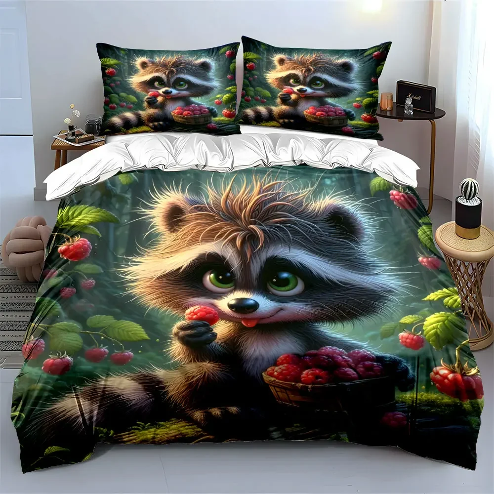 Cute Raccoon Berry Basket Decor Bedding Set with 1 Duvet Cover 2 Pillowcases Single Double King Queen, Gift