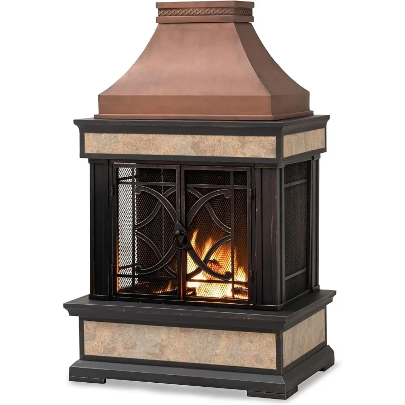 Outdoor Fireplace, Patio Wood Burning Steel Fireplace with Chimney, Spark Screen, Fire Poker, and Removable Grate, Copper