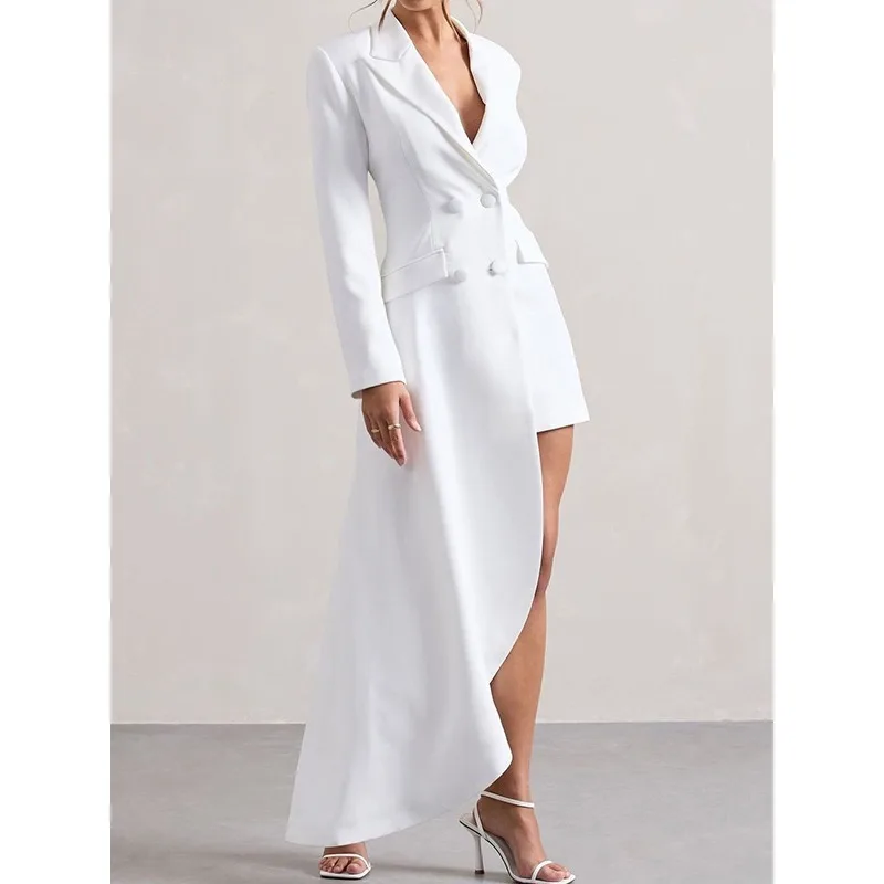 ブラック アシンメトリー ロングドレス レディース 2025 おしゃれ ノッチド 長袖 ボタンポケット ビジネス ワークウェア ミディドレス 177362