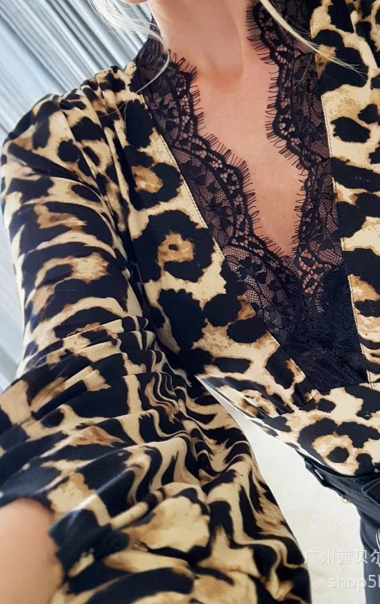 

Women Spring Autumn Shirt Long Sleeve Leopard Printing Color V Neck Lace Casual Sexy Fashion Comfortable Regular Standard Fit
