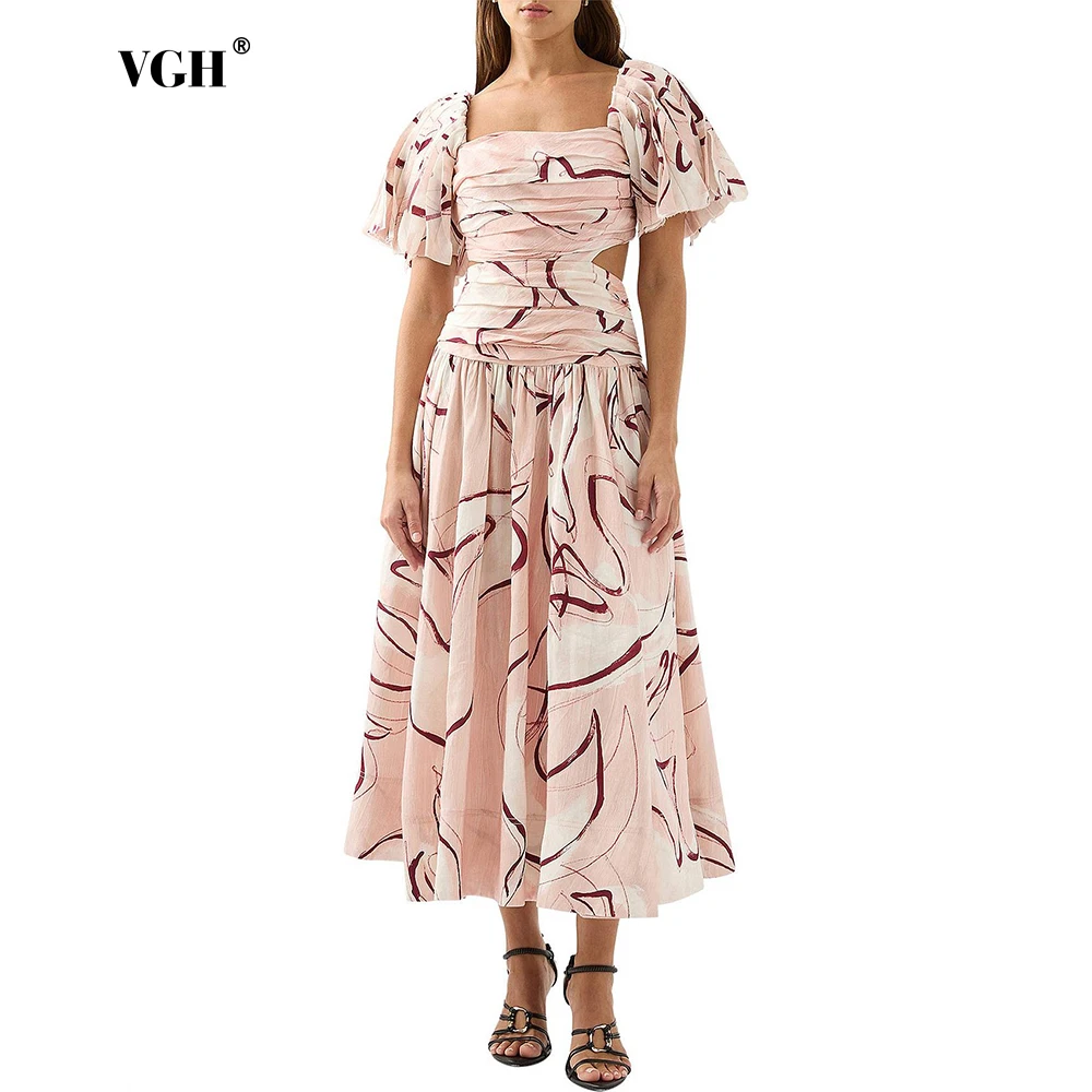 VGH Casual Geomertric Print Hollow Out Dress for Women Square Collar Short Sleeves High Waist Folds Midi Dresses Female Fashion