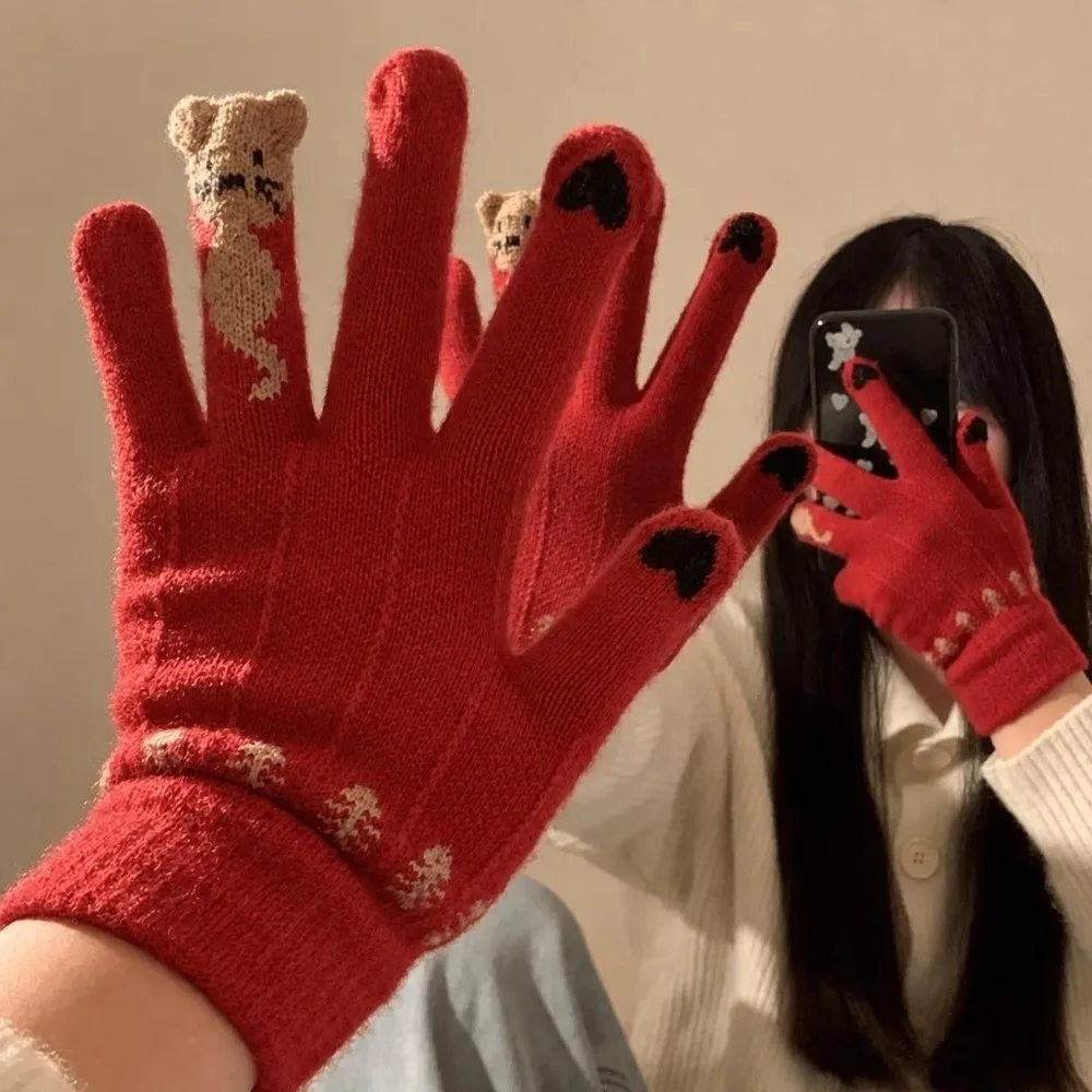 Korean Style Warm Lining Touch Screen Knitted Gloves Stretchy Kitty Pattern Full Finger Gloves Winter Thermal Gloves Daily Wear