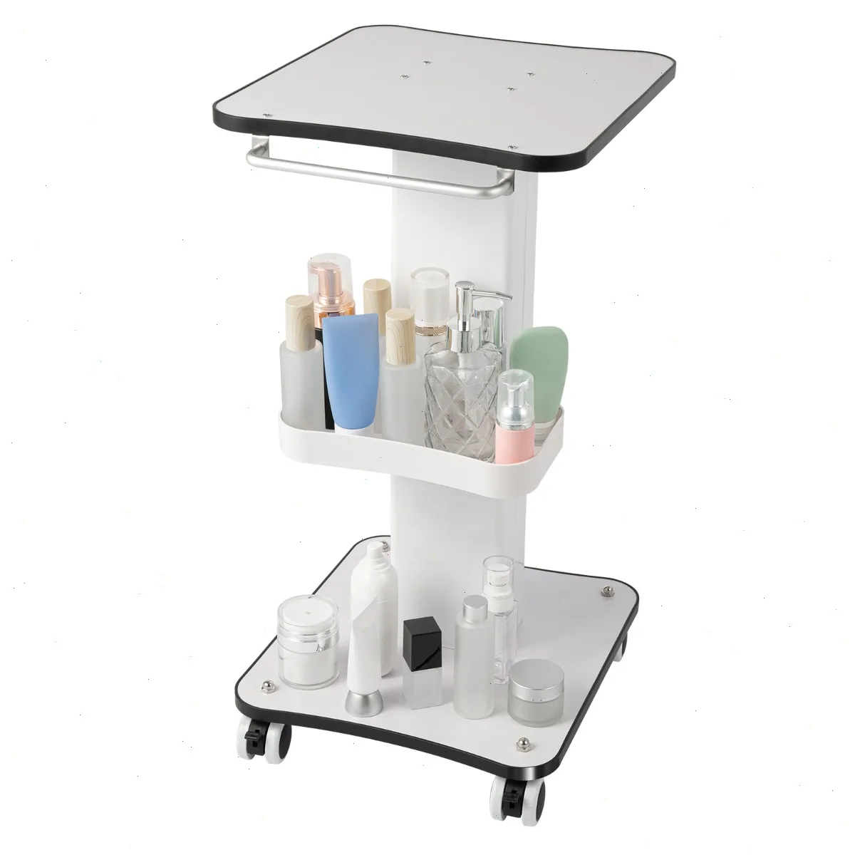  Beauty Trolley Cart with Wheels , 3-Tier Large Capacity Utility Storage ,  Iron Frame, Wood Tabletop, ABS Trays , Storage Shelf for Salon Spa Nail Equipment, Durable Mobile Rolling Cart