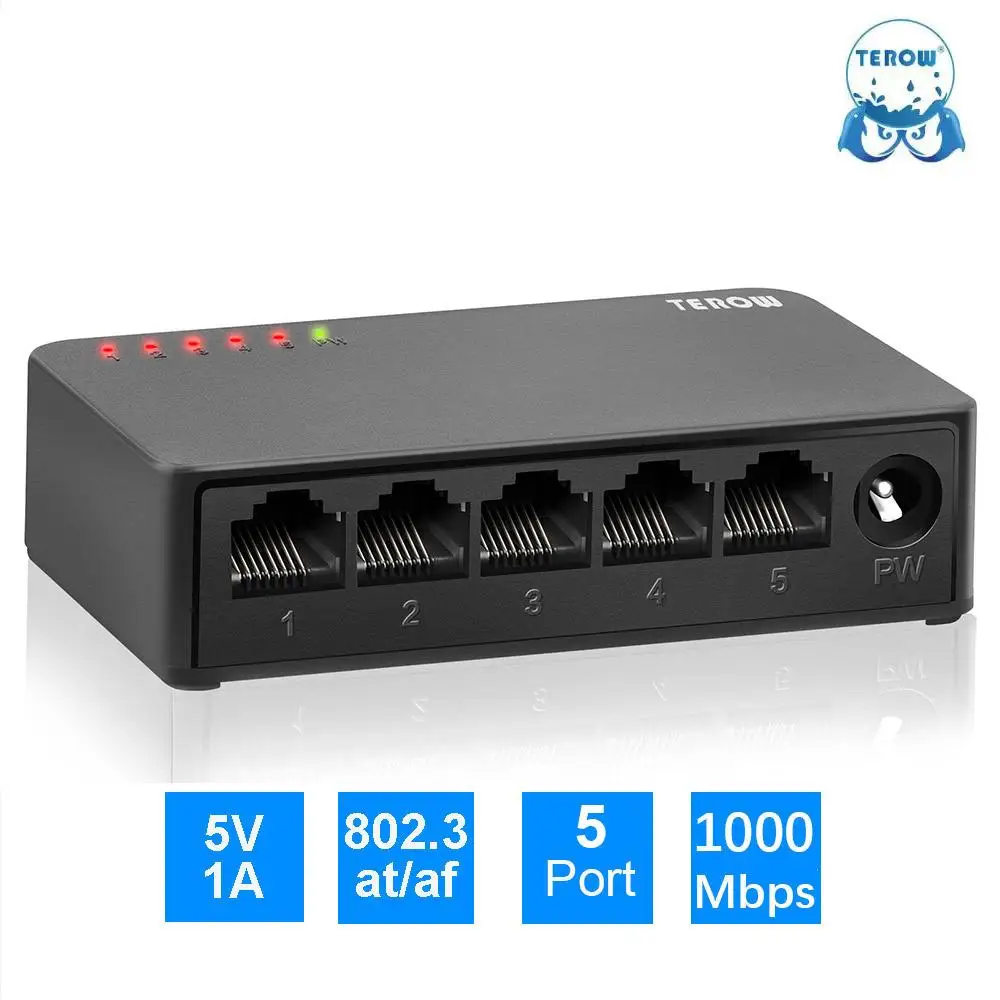 TEROW Gigabit Switch 5 Port 100Mbps or 1000Mbps Network 802.3AT/AF Ethernet RJ45 for IP camera/Wireless AP/Security Surveillance