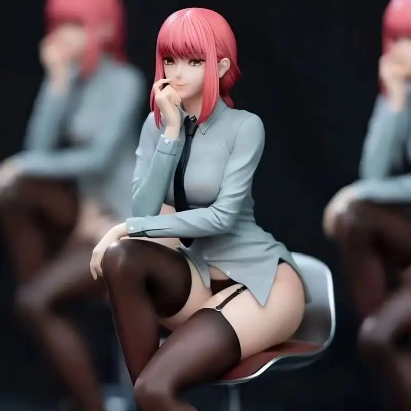 New 25cm Chainsaw Man Makima Tall Sitting Anime Sexy Figure Office Lady Style Collectible Statue With Chair Boxed Fans
