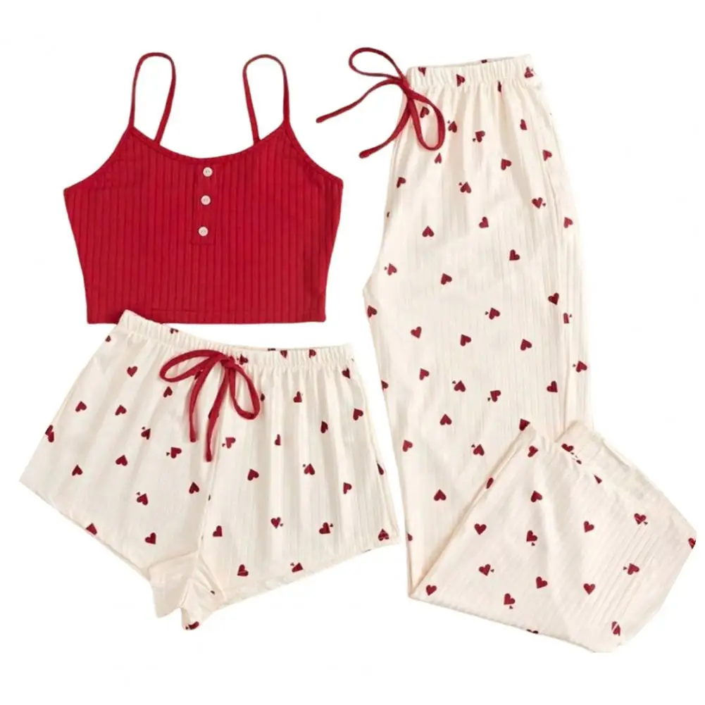 Matching 3 Pieces Pajama Stylish 3-piece Women\'s Pajama Set Lace Strap Camisole Heart Print Shorts Wide Leg for Comfortable