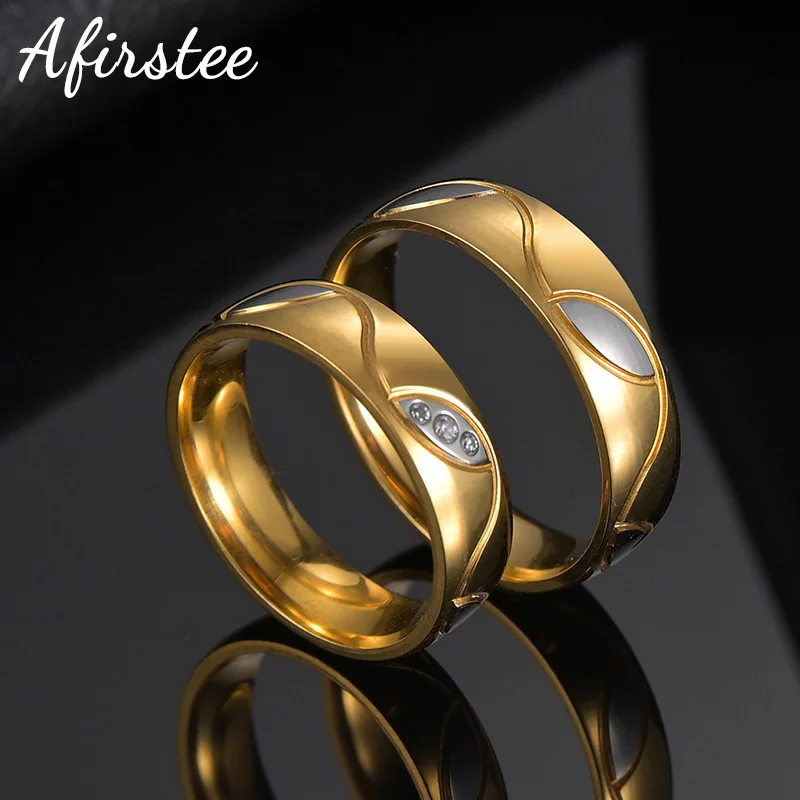 

Afirstee 6mm Stainless Steel Golden Couple Ring Cubic Zirconia Rhinestone For Men Women Lover Wedding Rings Jewelry Gift