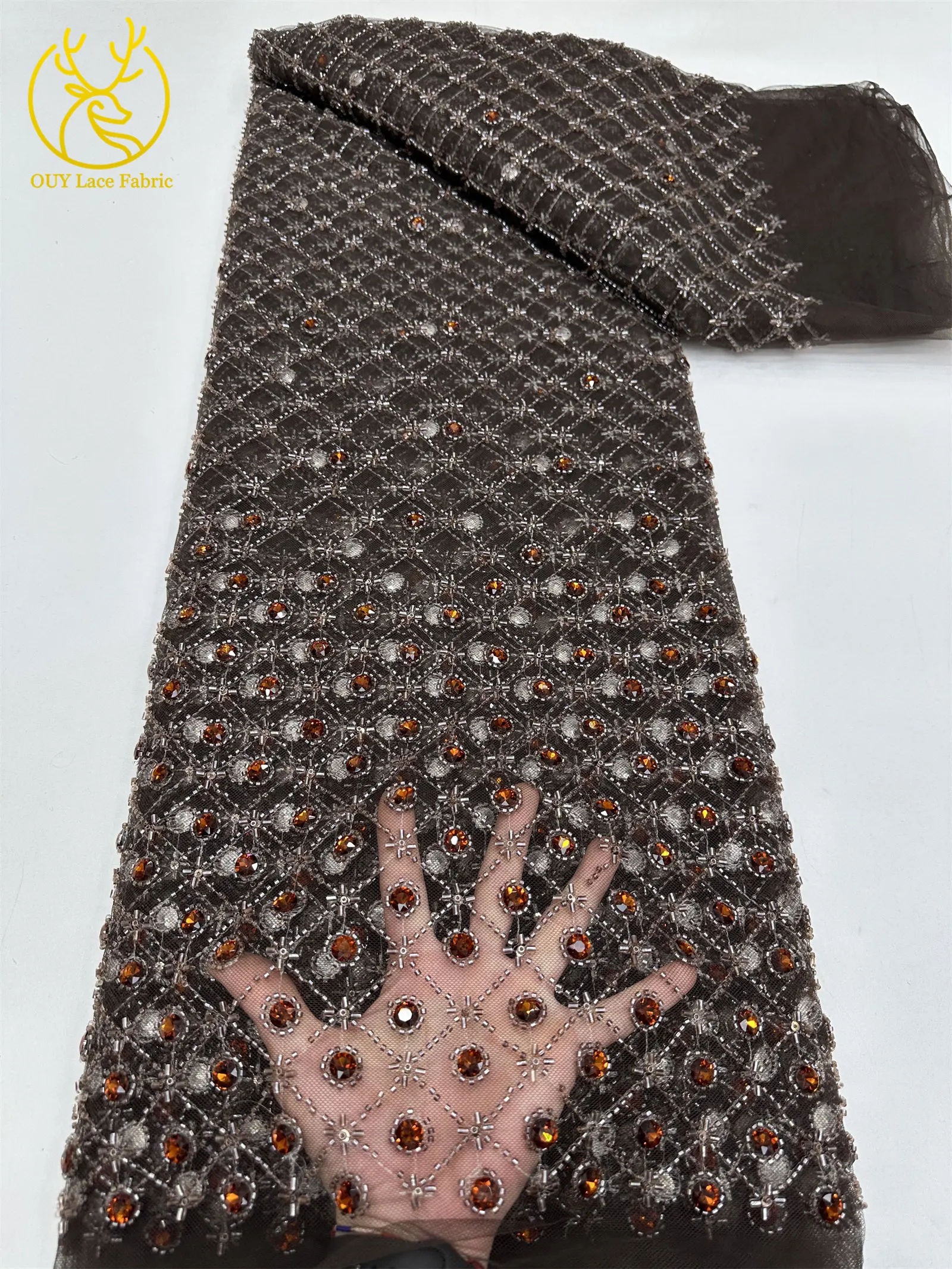 Smaragdgrüner Afrikanischer Tüll mit Perlen, Hochwertige Französische Pailletten-Spitze, Nigerianischer Mesh-Tüll für Hochzeitskleider – Detail 11