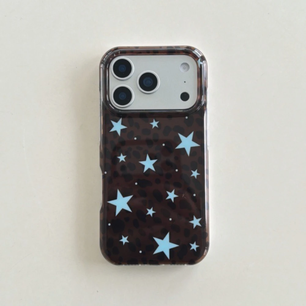 

Чехол INS с леопардовым принтом и синими звездами для iPhone 17, 16, 15, 14 Pro Max, корейский стиль, ретро, коричневый, Y2K, универсальный защитный чехол