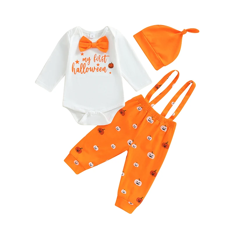 

My First Halloween Baby Boy Outfit Long Sleeve Romper Pumpkin Suspender Pants Overalls Hat 3Pcs Clothes Set