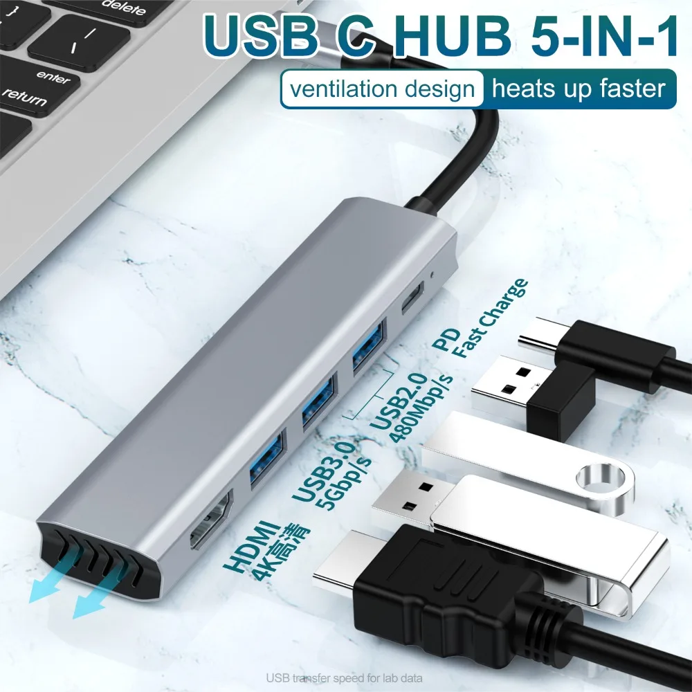 

USB-концентратор 4K, 30 Гц, 3,1 дюйма, USB-разветвитель Type-C в HDMI-совместимый USB-адаптер, док-станция для Macbook Air Pro M2, мультиконвертер