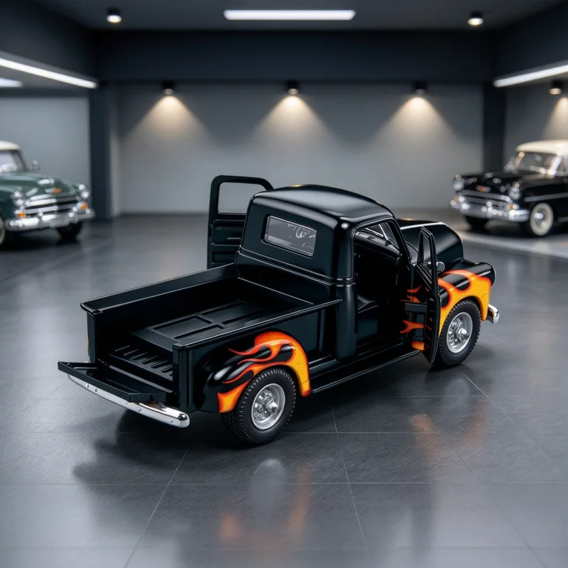 1:36Old-fashioned Pickup Diecast Truck Model, Art Flame Paint, Pull Back & Openable Doors, Desktop Collectible Ornamen