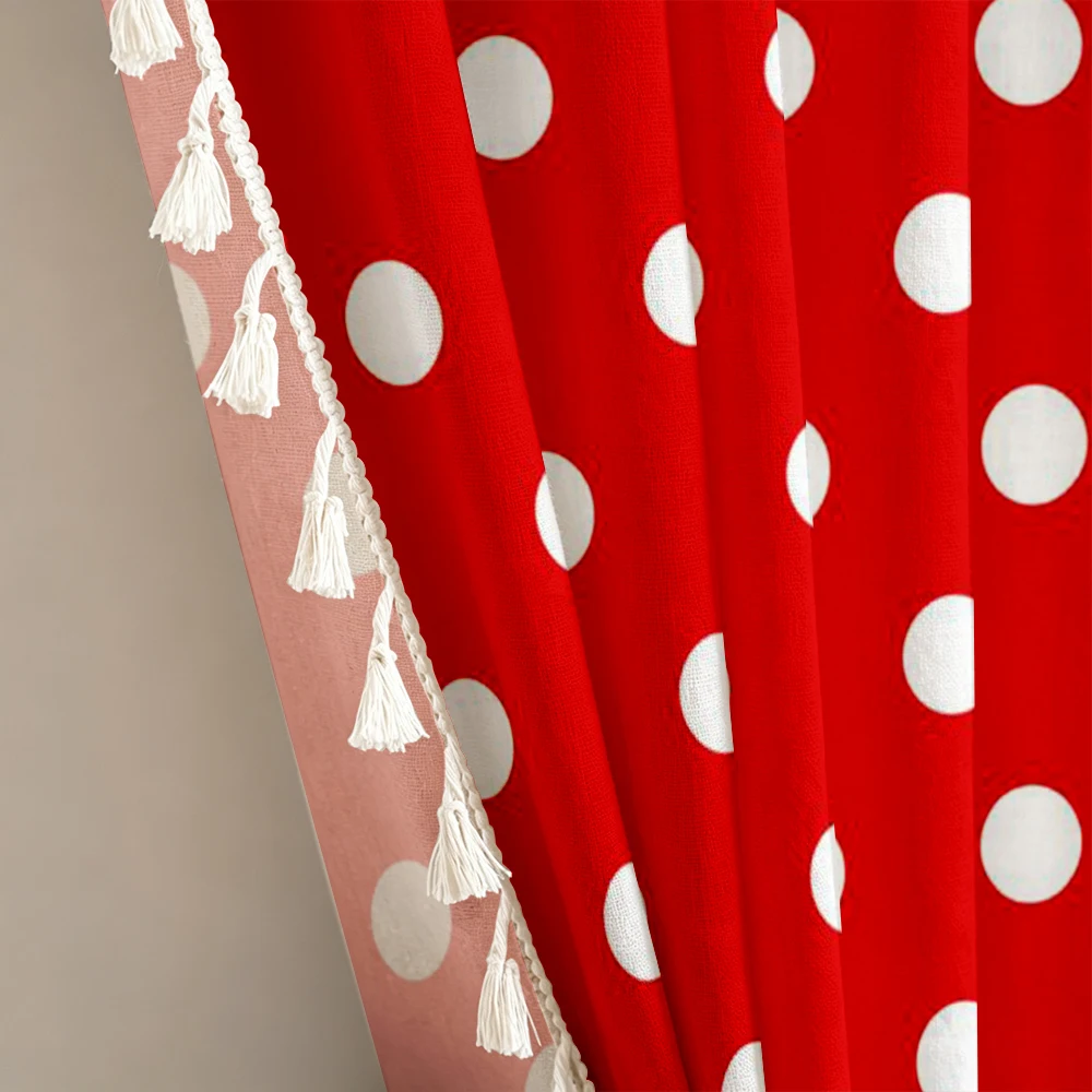 1PC Cute Tassel Sheer Curtains, Red White Polka Dot Circle, Digital Print, Linen Polyester, Bedroom Living Room, Home Decor