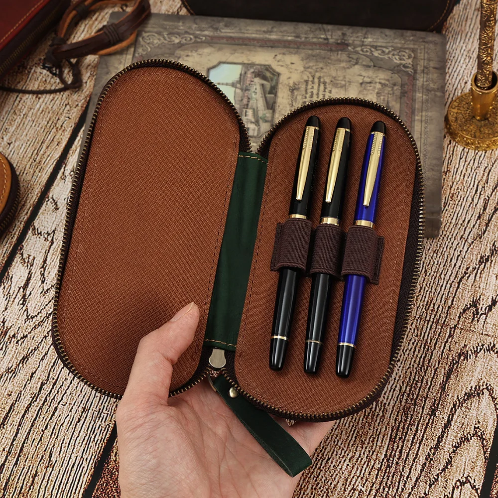 Leather Pen Pouch Fountain Pen Case Large Vintage Real Leather Pencil Case with Zipper  Stationery Tools Pouch Holder