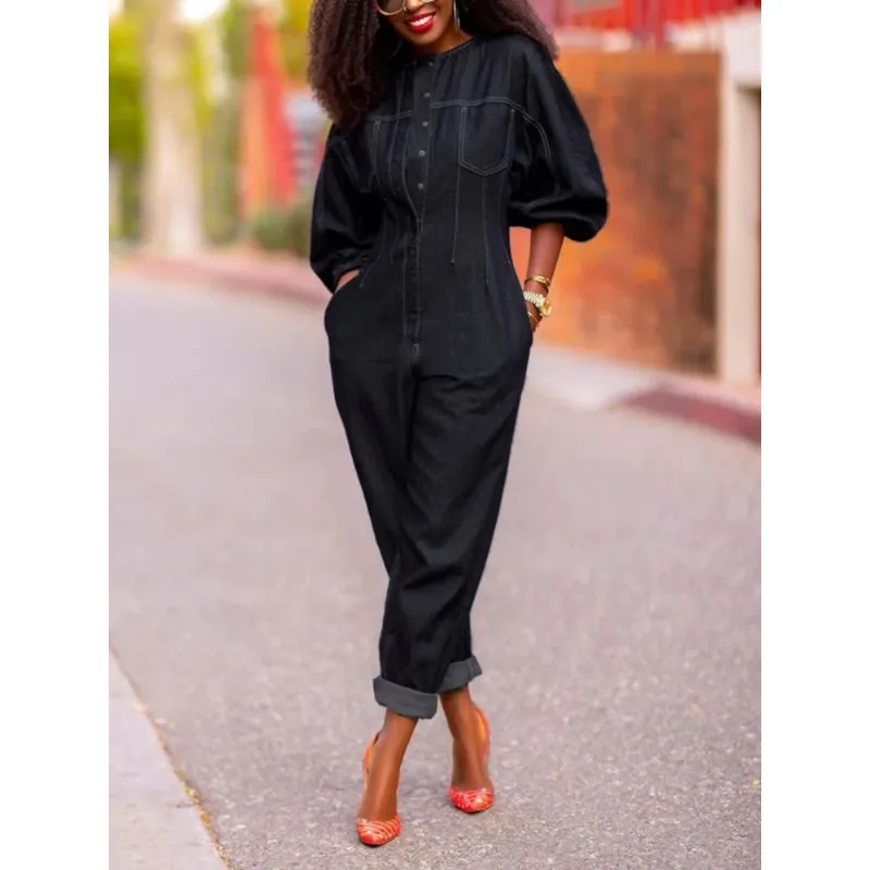 

Женский джинсовый комбинезон с круглым вырезом, на пуговицах, с рукавами 3/4, свободного кроя, повседневный, в уличном стиле, модный, цельный наряд