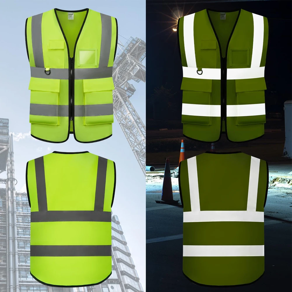 Custom Logo Work Vest with Pockets Zipper Hi Vis Safety Working Clothes for Men Construction Workwear