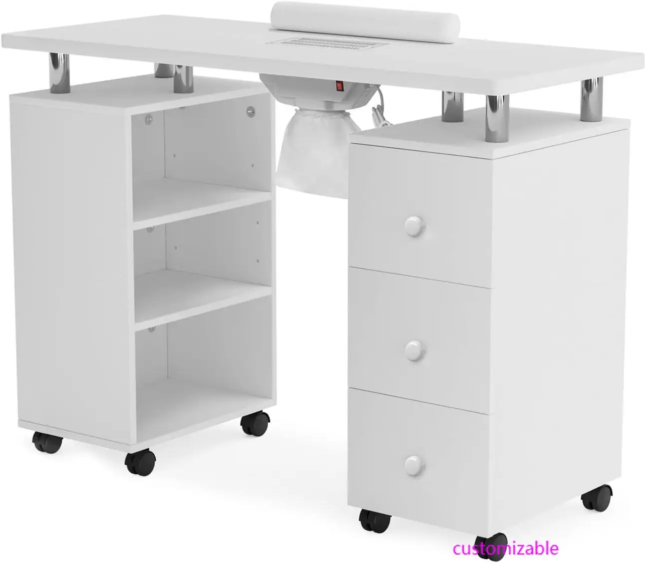 محطة تقنية لصالونات التجميل لطاولة الأظافر مع فتحة تهوية كهربائية، وعجلات قابلة للقفل، ووسادة معصم، وأرفف تخزين وأدراج #1