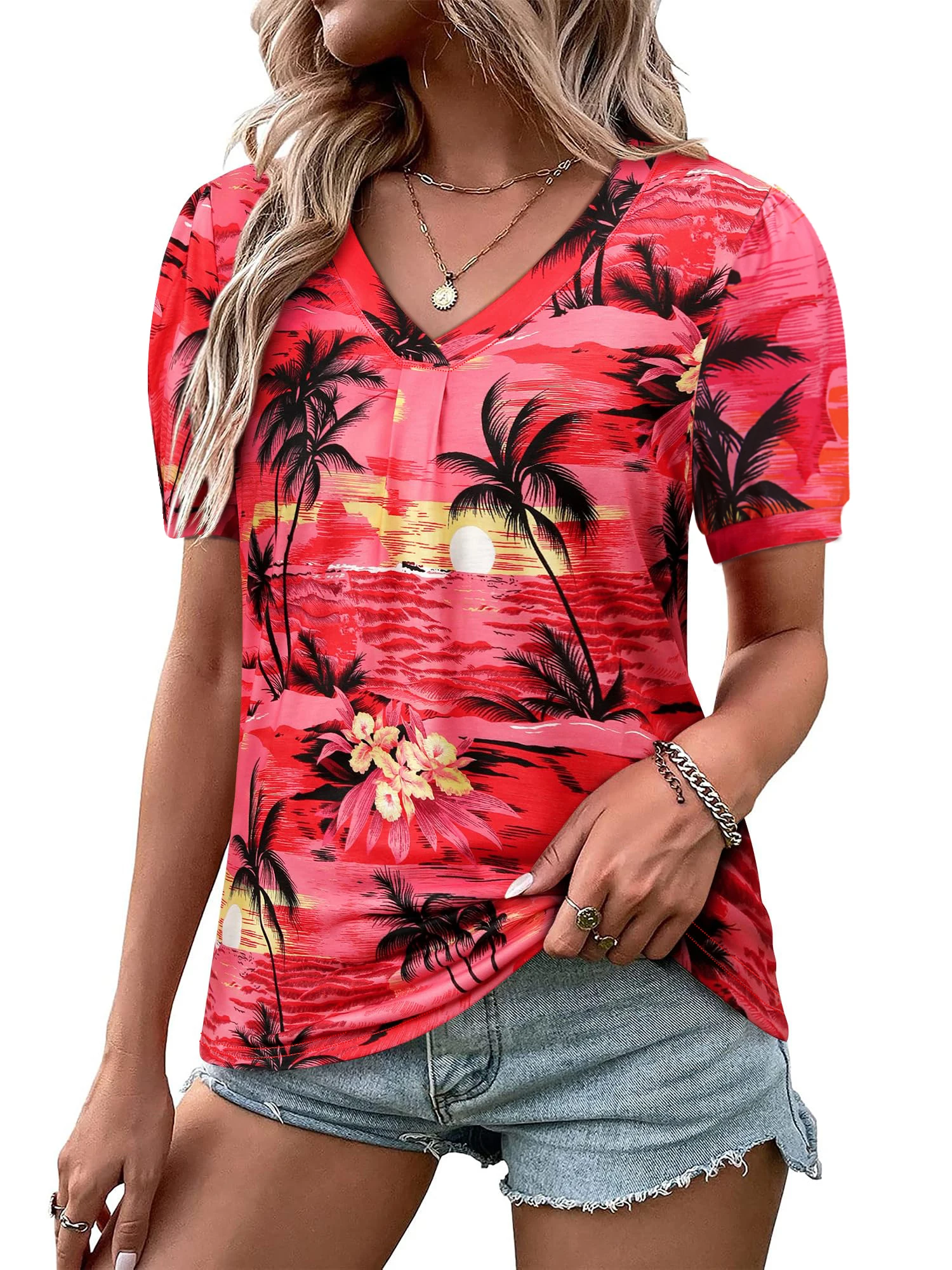 Womens Puff Short Sleeve Hawaiian Shirts Floral Tropic Printed Pleated V Neck Summer Casual T-Shirt Trendy Boho Blouses Tops