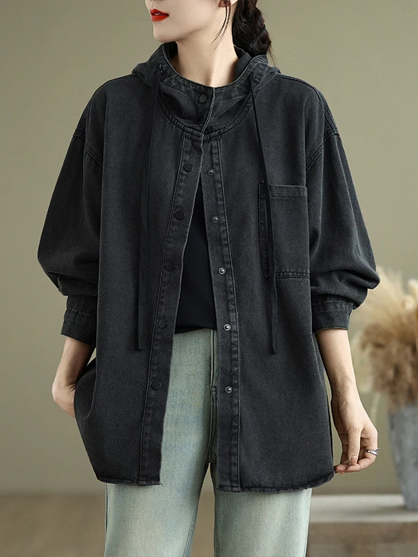 여성용 패셔너블 캐주얼 후드 데님 재킷 디자인 루즈 슬림핏 탑 빈티지 스타일 긴 소매 버튼 클로저 가디건