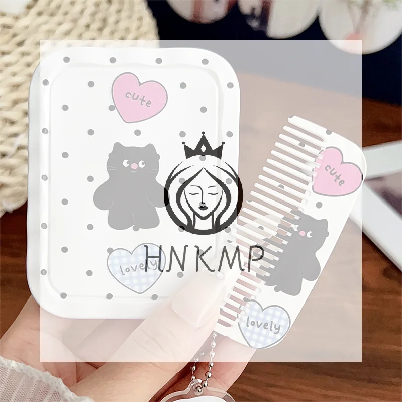 Portable Cartoon Black Cat Folding Travel Makeup Mirror With Comb Mini Handheld For Women Girls Make Up Tool