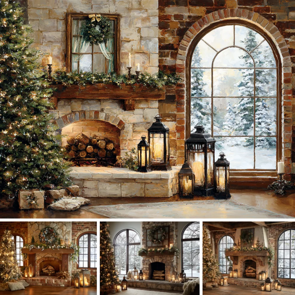 Winter Fireplace Xmas Backdrop Snow Pine Arch Window Lantern Christmas Tree Background Cloth Portrait Photo Studio Decor Prop