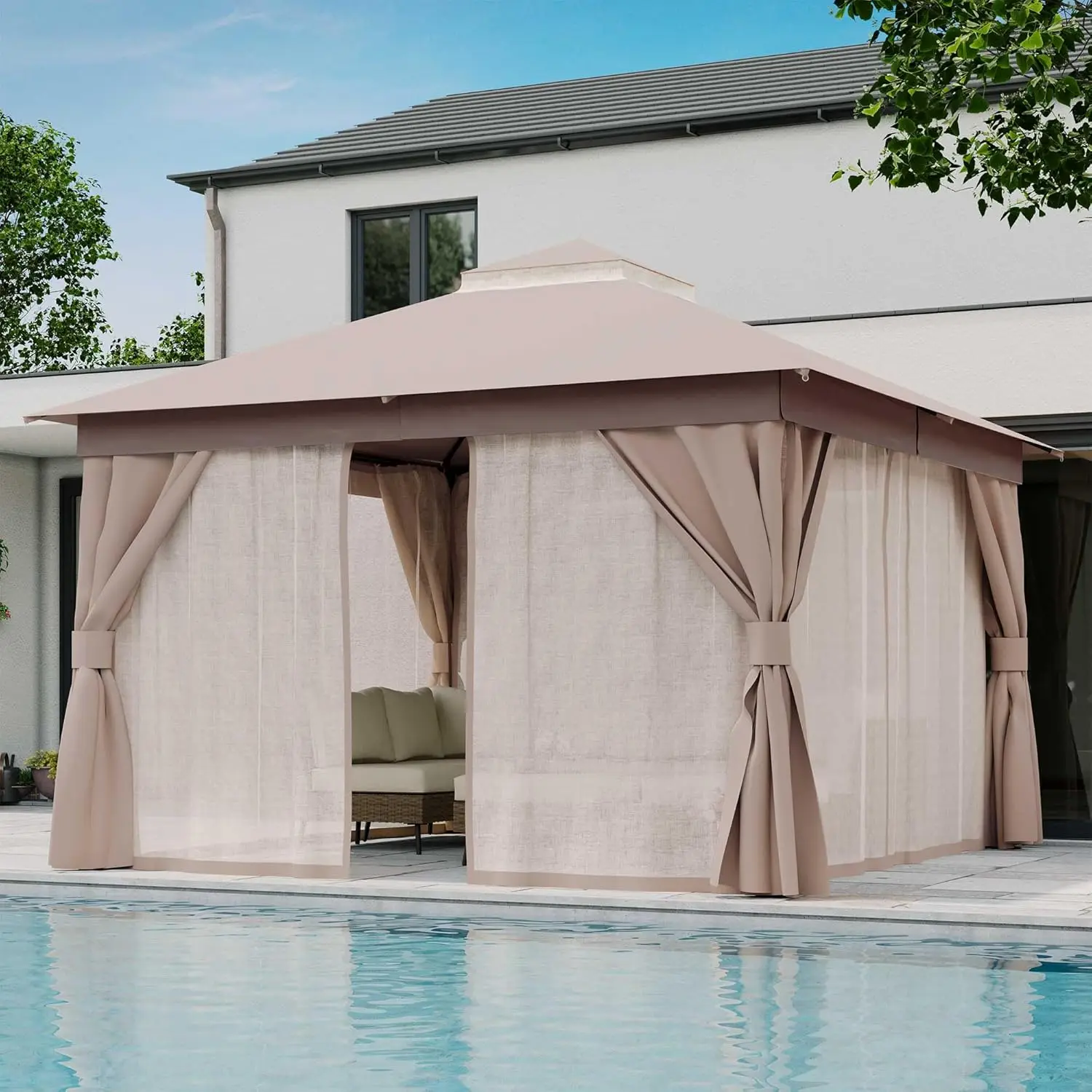 Patio Gazebo 12'x12', Outdoor Heavy Duty Party Tent Shelter with Double Roofs, Mosquito Nettings and Privacy Screens, Custom