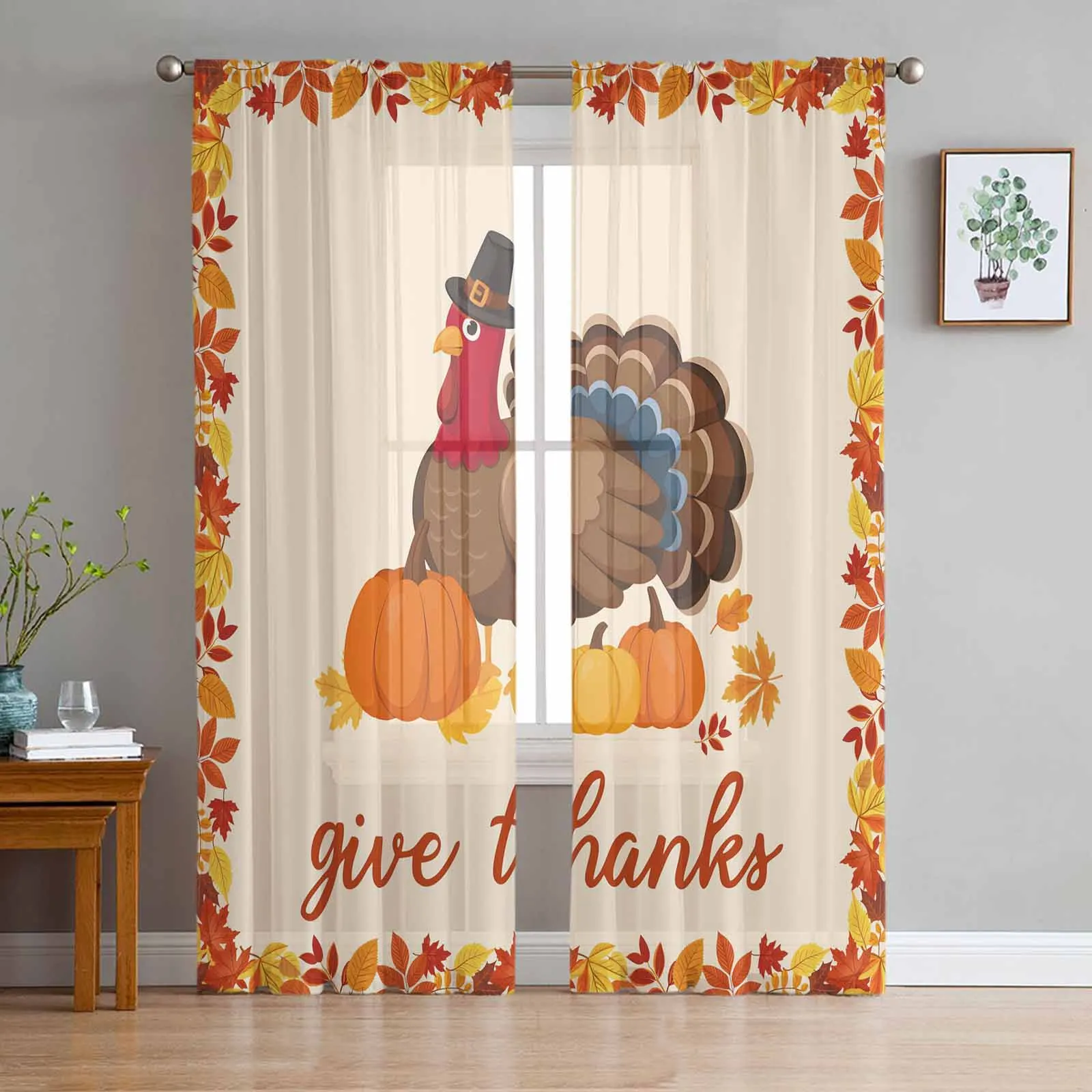 

Harvest Pumpkin Give Thanks Turkey Sheer Tulle Window Curtains for Living Room Bedroom Kitchen Treatments Panel Drapes
