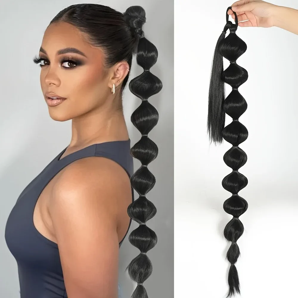 Long Black Bubble Ponytail Extension PonyTail Extension Afro Puff Ponytail Style Kinky Straight Texture Hair Tie Ponytail