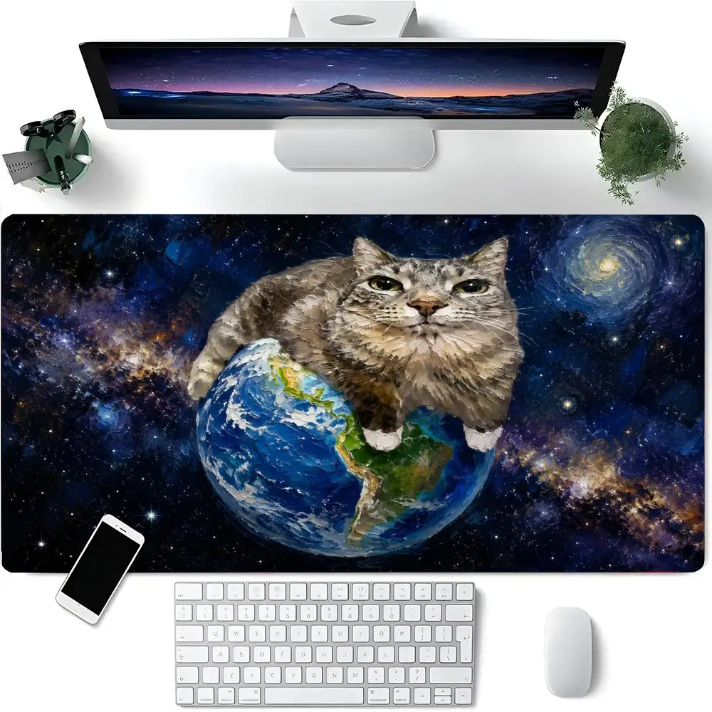 Oil Painting Tabby Cat Lying On Earth Galaxy Starry Space Art Extra Large Non-Slip Extended Rubber Gaming Desk Mouse Pad