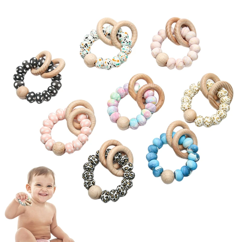 Baby Wooden Ring Teether Bracelet Food Grade Silicone BPA Free Newborn Baby Soothe Rattle Baby Bites Toy Nursing Accessories