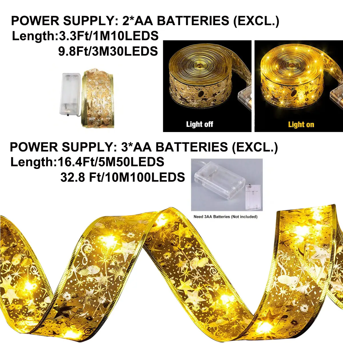 Natal Ribbon String Lights, Adequado para Jardins Salas Casamentos e Decorações de Halloween, DIY