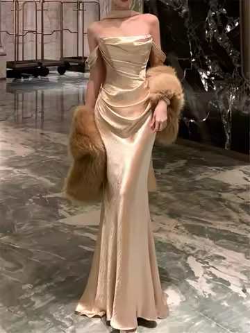 Champagne Gold Strapless Mermaid Evening Party Dress Women Luxury Elegant Lady Slash Neck Detachable Sleeves Long Birthday Dress