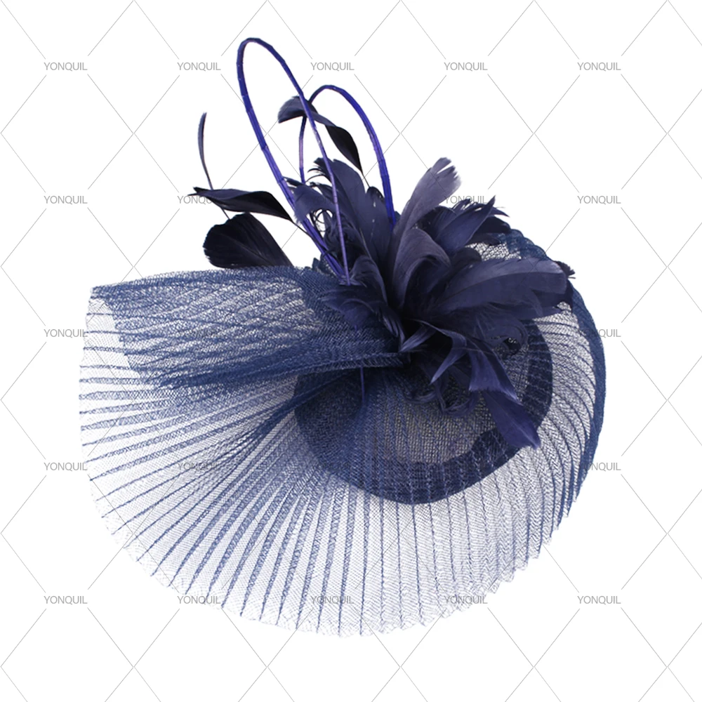 Hochwertige Sinamay-Fascinator-Modehüte für Frauen mit Blumenschleier, modische, elegante Brautmütze, Kopfbedeckung mit Feder – Detail 6