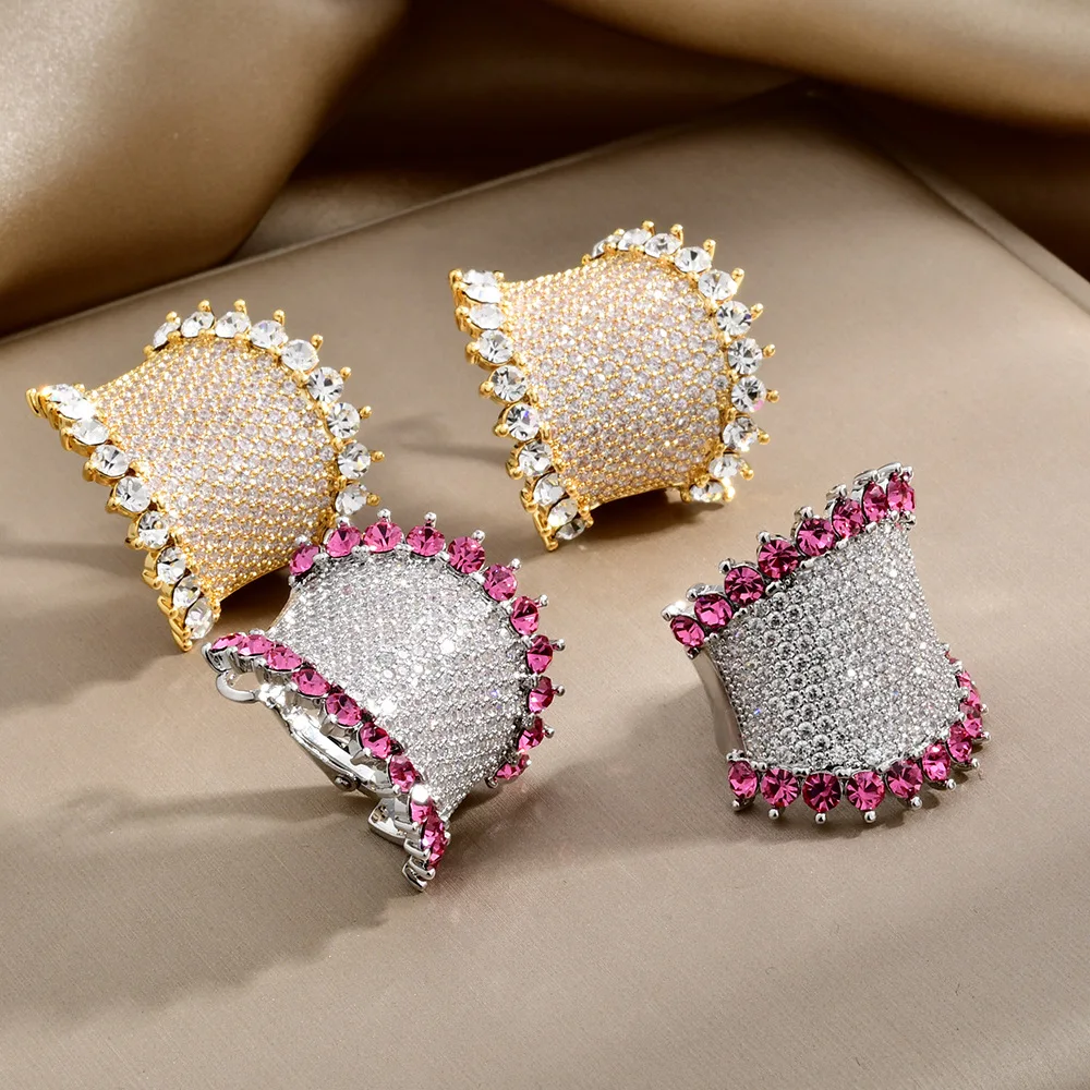 Luxury Big C-Shaped Earrings, Zircon Inlaid Cuff Stud Earrings, 925 Silver Needle Unique Fashion Jewelry for Women, Multi-color