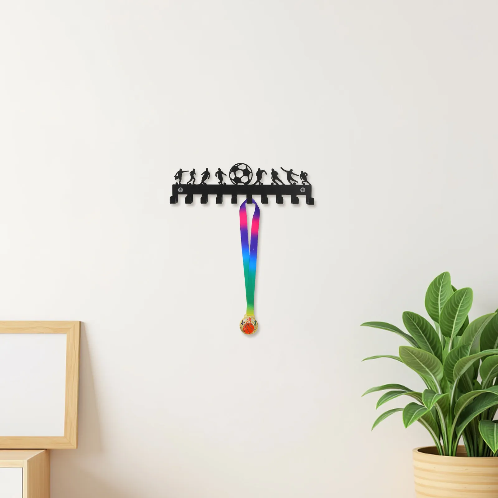 Medal Holder Display Hanger Non-Slip Soccer Trophy Shelf 10 Hooks Wall Mount for Gymnastics Race Soccer Swim Marathon Medal