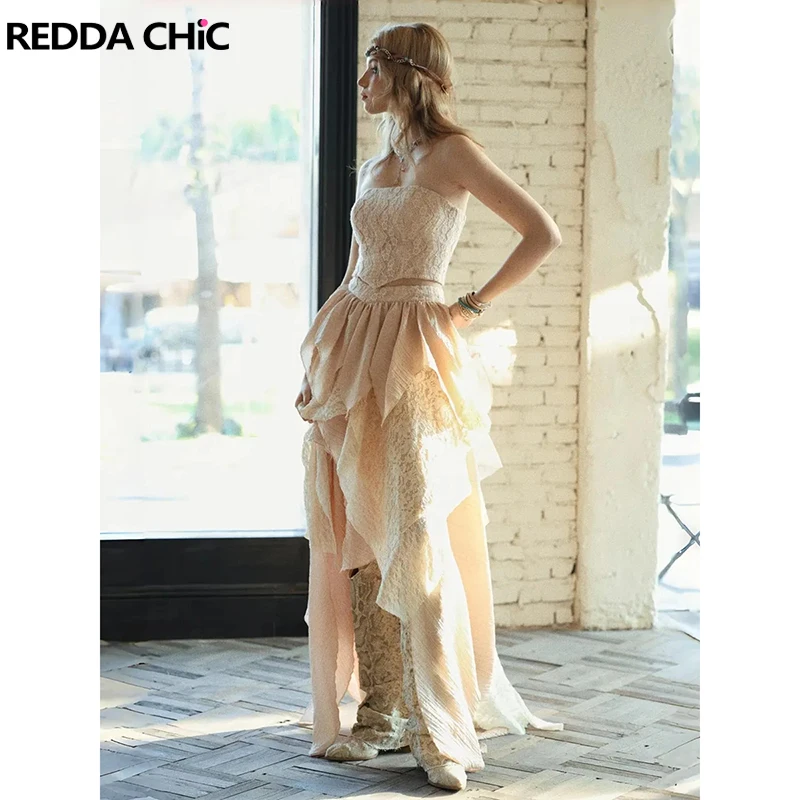 

ReddaChic Bandeau Style Corset Skirt Set Knit Tube Top Irregular Patchwork Maxi Long Bustle Skirt Victorian Retro Summer Clothes