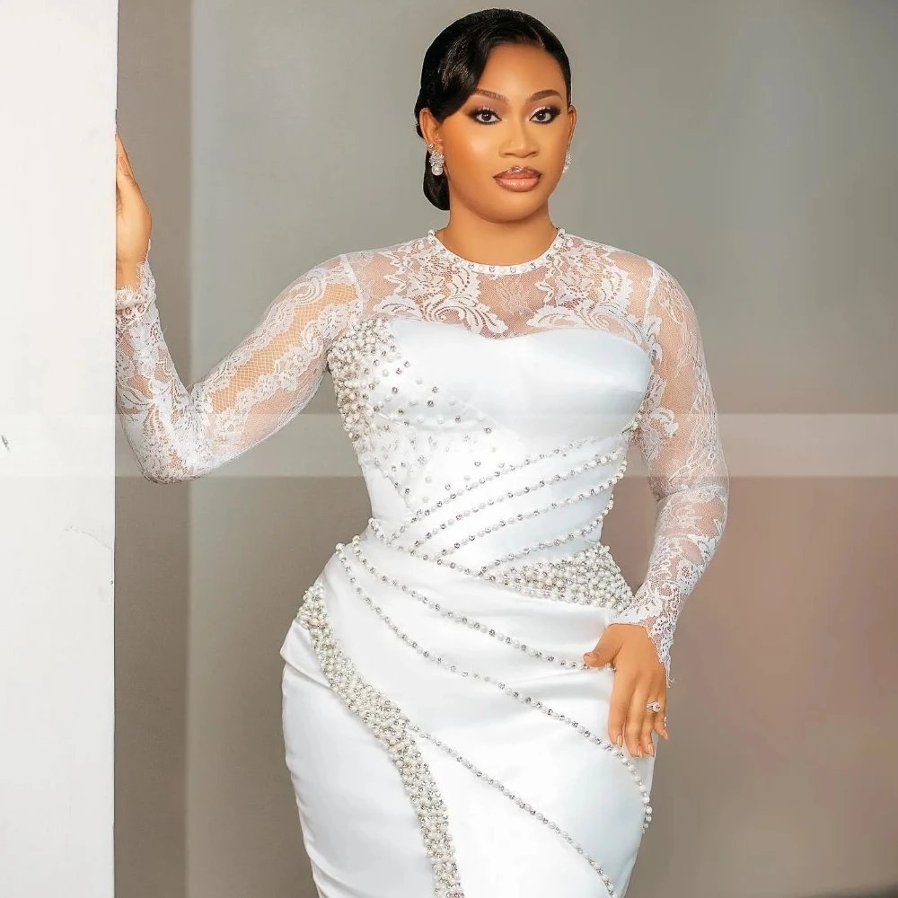 Civil Wedding Dresses for Bride O Neck Long Sleeve Tea Length Pearls Aso Ebi Satin Court Bridal Reception Dress Customized