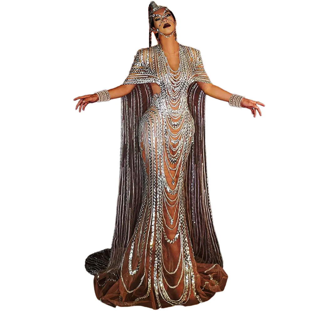 Robe longue sexy à paillettes argentées pour femmes avec châle, cristal, vêtements de festival de soirée, modèle de scène, olympiques magnifiques