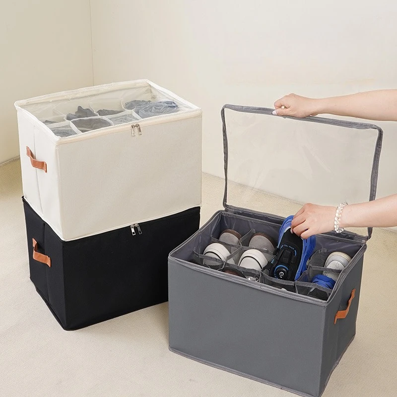 Shoe Storage Box Foldable with Lid Visible Shoe Box Multi Functional with Divided Clothing and Miscellaneous Storage Box