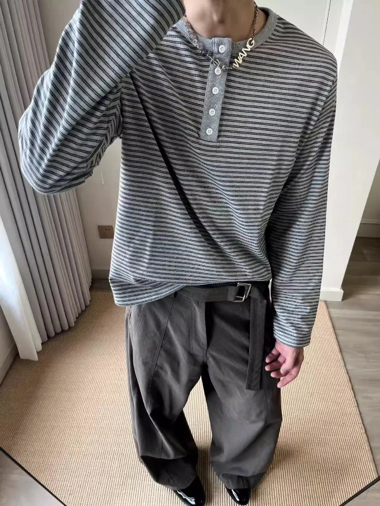 

Винтажная полосатая футболка с длинными рукавами Henley, мужская весенне-осенняя негабаритная футболка с планкой на пуговицах, однотонная повседневная мягкая рубашка для отдыха