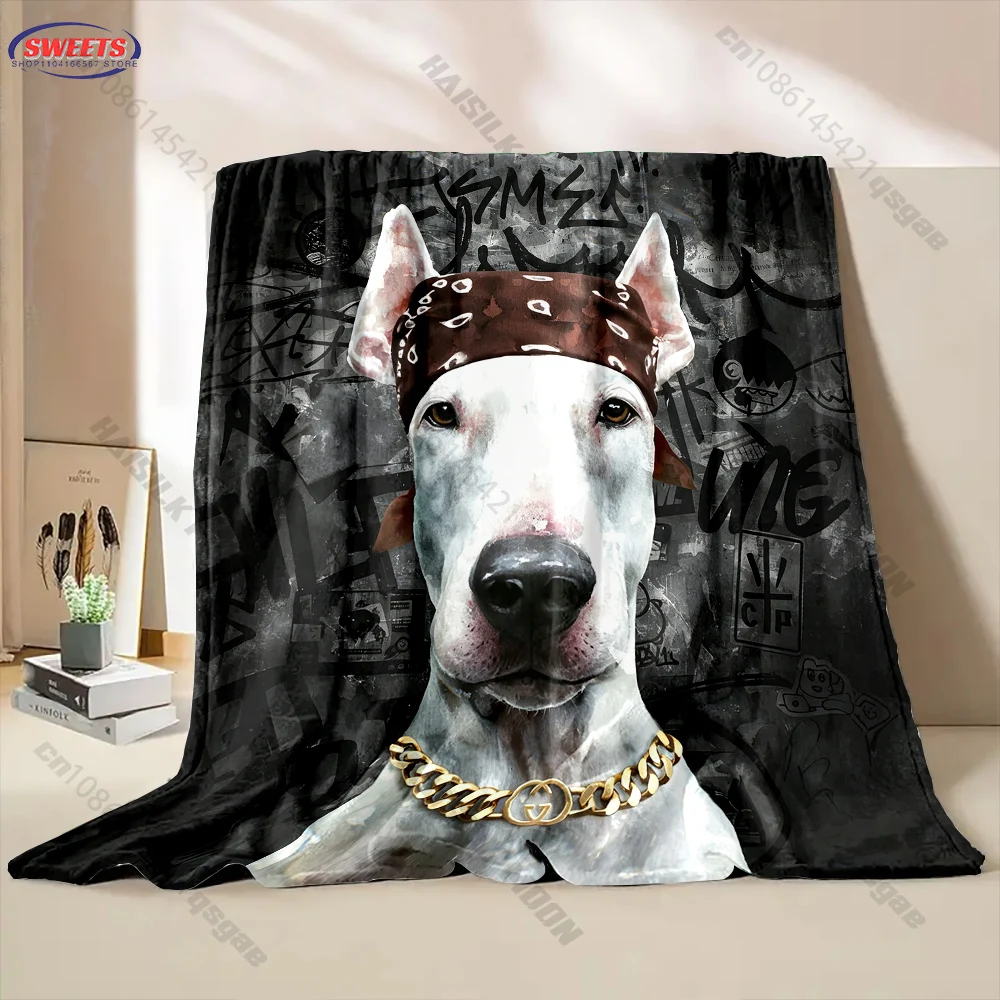 Hip Hop Style Bull Terrier Dog Print Throw Blanket Soft Warm Flannel Blanket for Streetwear Home Decor & Dog Lovers