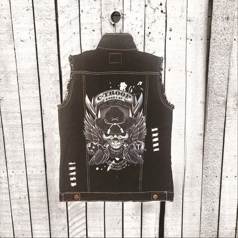 Men's Denim Vest Spring And Autumn New Skeleton Bones Print Casual Loose Large Size Denim Vest
