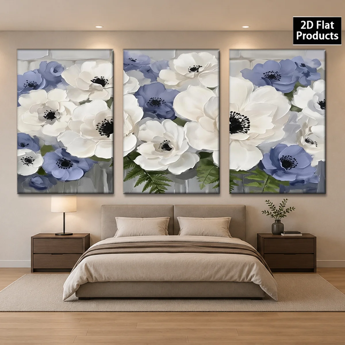 Frameless 3PCS 2D Decorative painting - Canvas painting - Three panels with white and blue anemones and green leaves on gray