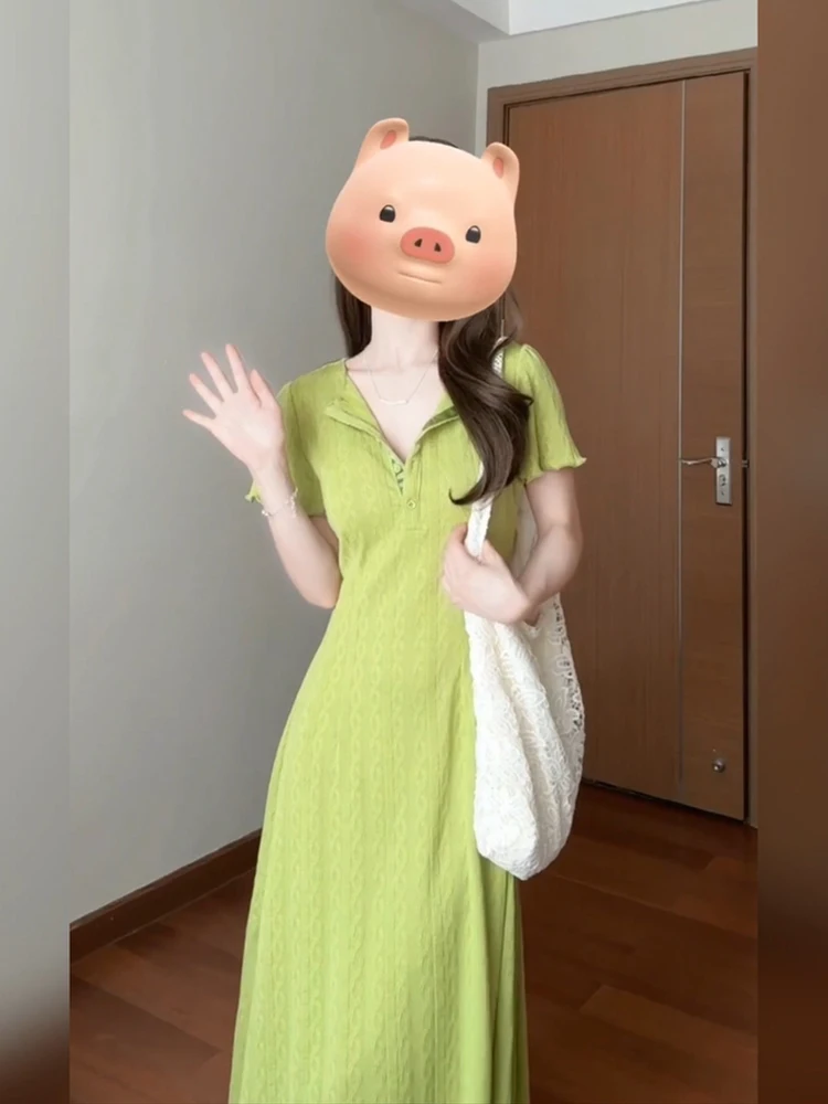 

XZY Xinzhengyan Summer Slimming Long Dr Avocado een V-ne Women's Dr Tea Break A-line Skirt Commute Sle Casual Wear