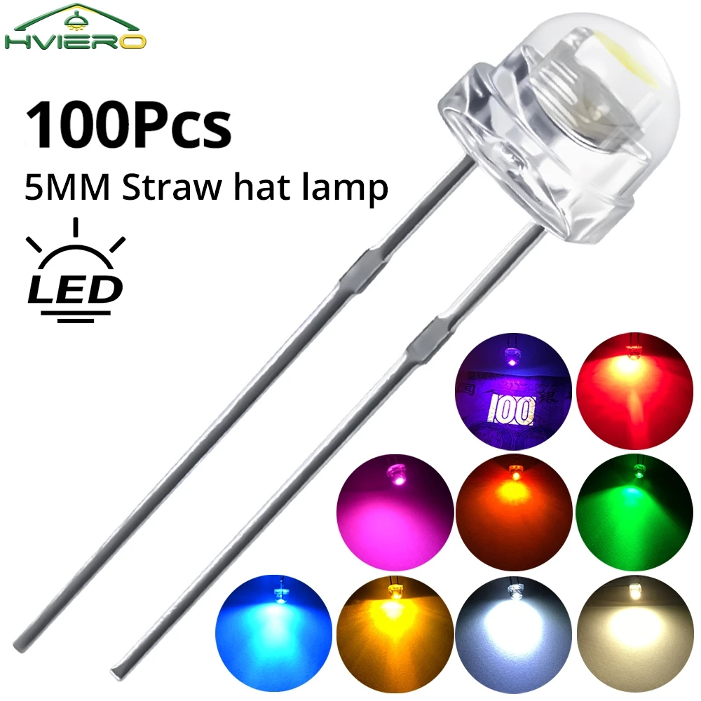 100PCS 5mm Straw Hat Wide Angle LED Light Mini F5 5mm Emitting Diode Ultra Bright Water Clear Bead White Blue Yellow Red Bulb