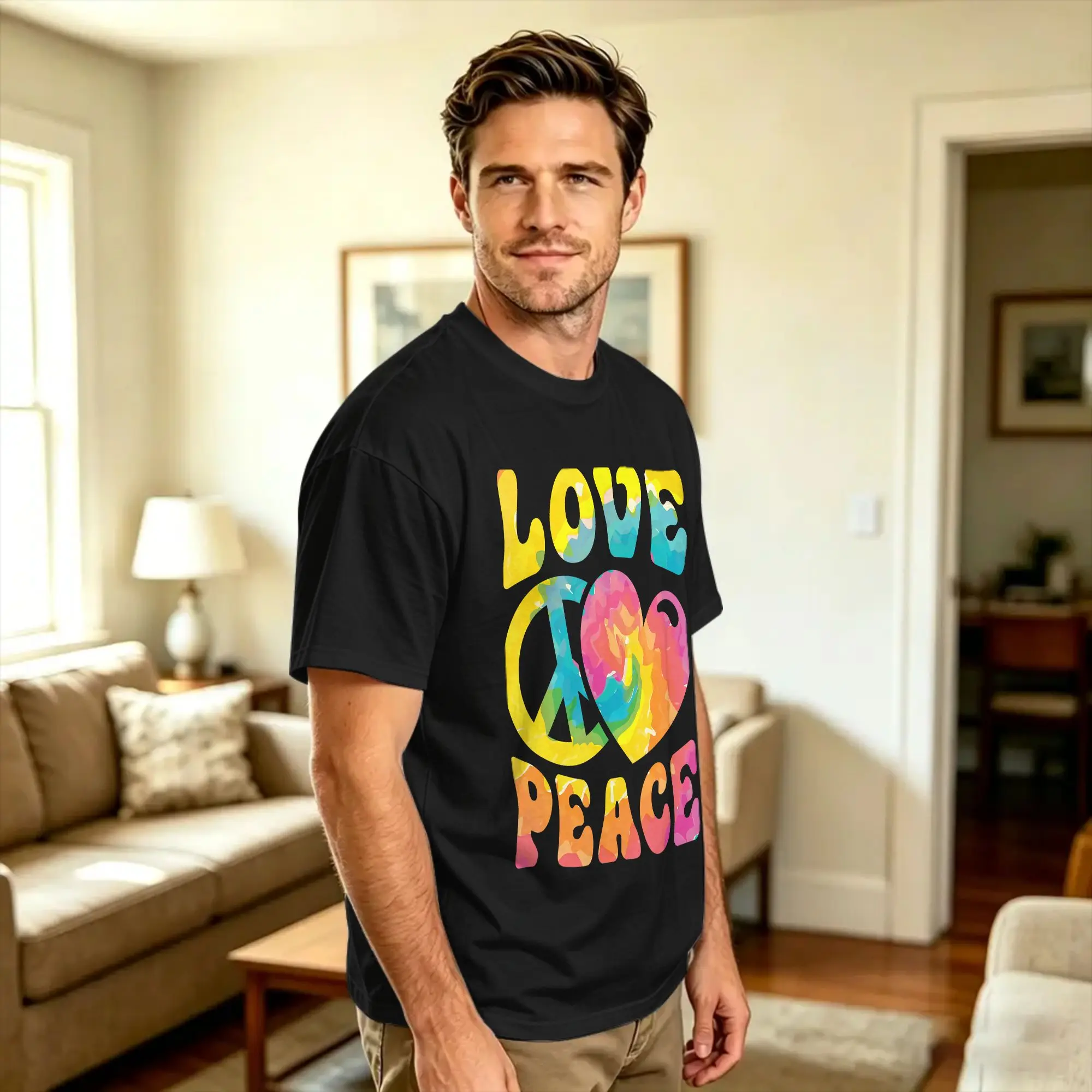 Hippie Love Peace Sign Heart Tie Dye Retro Cotton T Shirt For Man Summer  Streetwear T-Shirts Fashion Tees Wholesale Tops