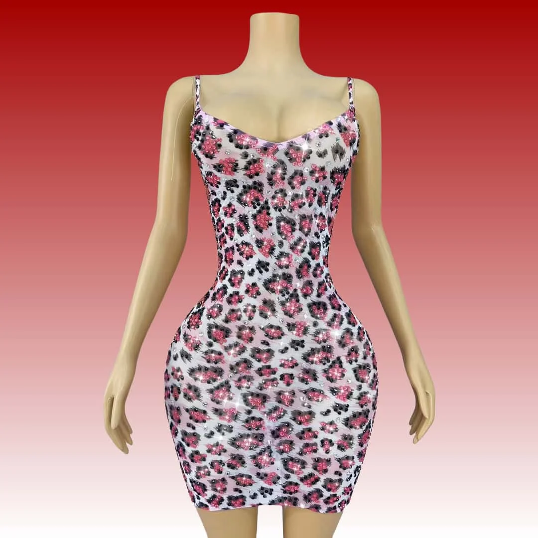 Fenhongbao Sexy Pink Leopard Print Dress Blingbling Rhinestones Suspenders Dress Women Daily Party Show Wear Stage Costume